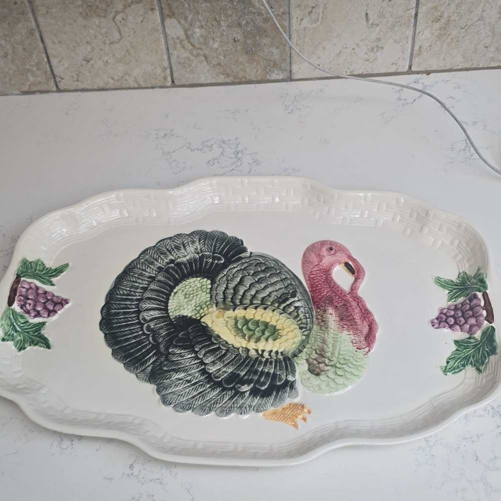VTG Hand Glazed/Painted Ceramic Tom Turkey Platter Woven Edge THANKSGIVING TABLE